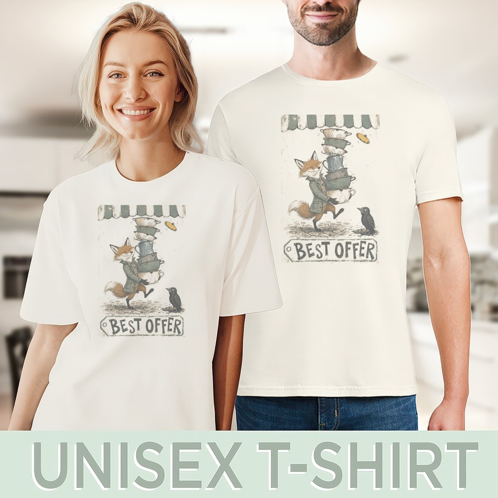 Fox with Cooking Pots Graphic Tee Vintage Whimsical Art Natural - Picture 4 of 5